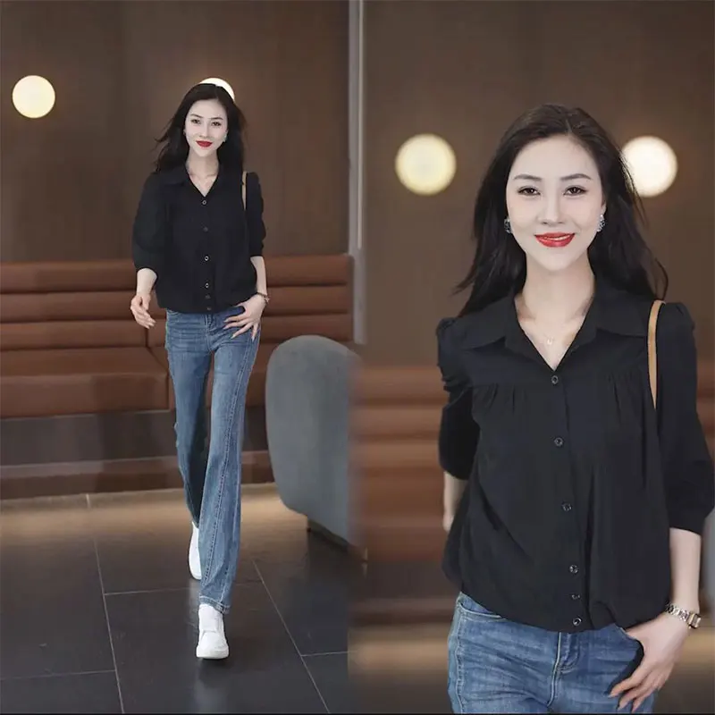 Women Spring Fashion Simplicity Solid Color Polo Collar 3/4 Sleeve Shirts Women Clothes Casual Loose All-match Temperament Tops