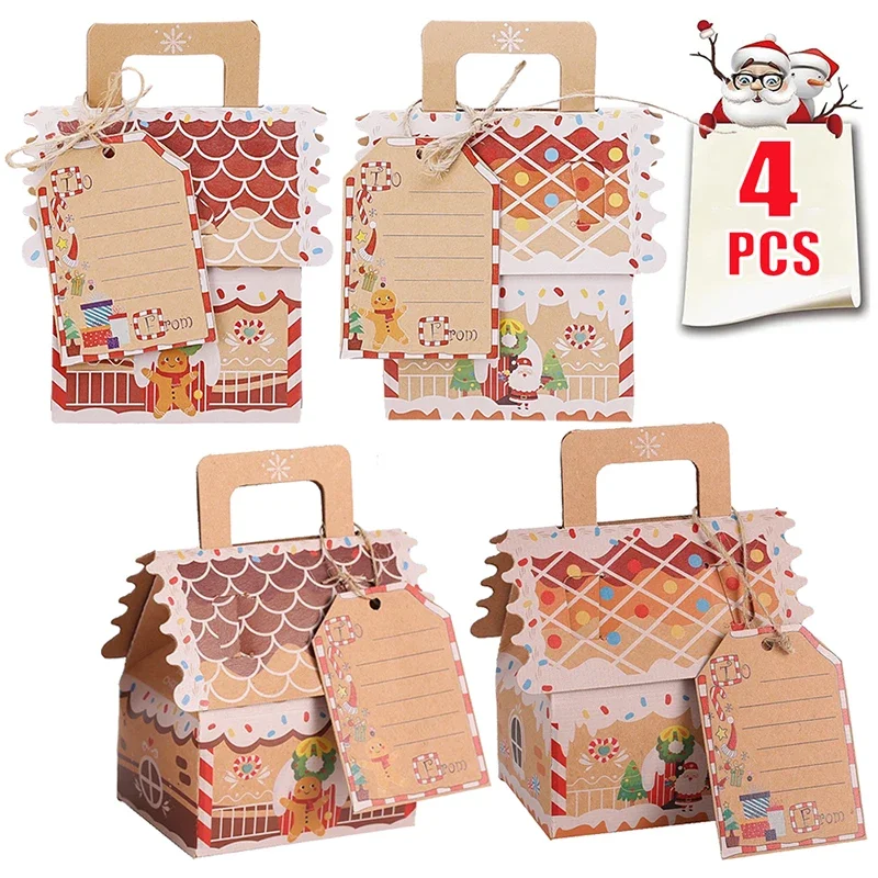 Christmas Candy Gift Boxes with Tag Kraft Paper House Shape Cookies Storage Mini Packing Bag Party Home Decoration New Year 2024