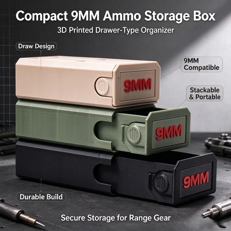 A compact storage case capable of holding 50 9mm rounds—convenient for carrying to the shooting range.
