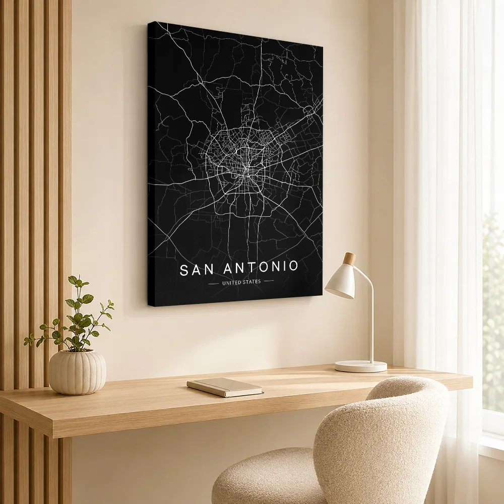San Antonio Texas City Map Wood Framed Canvas Poster Customized Photo Street Line Design Wall Art For Home Office Birthday Gift