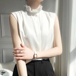 Fashionable sleeveless Shirt Vest Women's Ear Lace Top 2024 Spring/Summer New Satin Temperament Versatile Layering Small Shirt