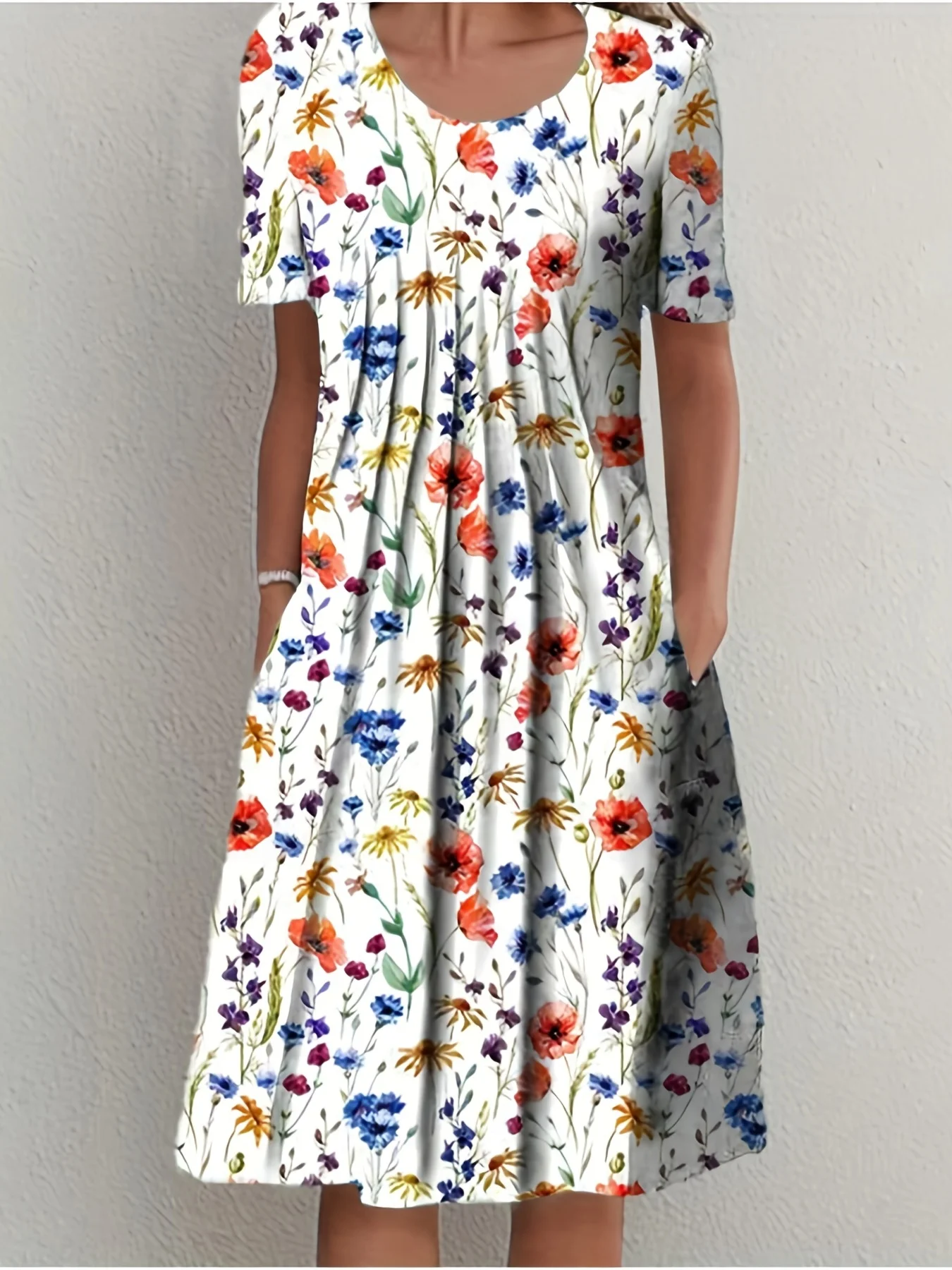 Elegant Women's Short-Sleeved Dress round Neck Printed Large Skirt Spring Summer 2026 New Collection