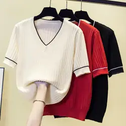 Vintage Knit Sweater T-shirt Women 2024 Summer Striped Elegant Fashion Ladies Knitwear Tee Short Sleeve O-neck Jumper Y2k Top