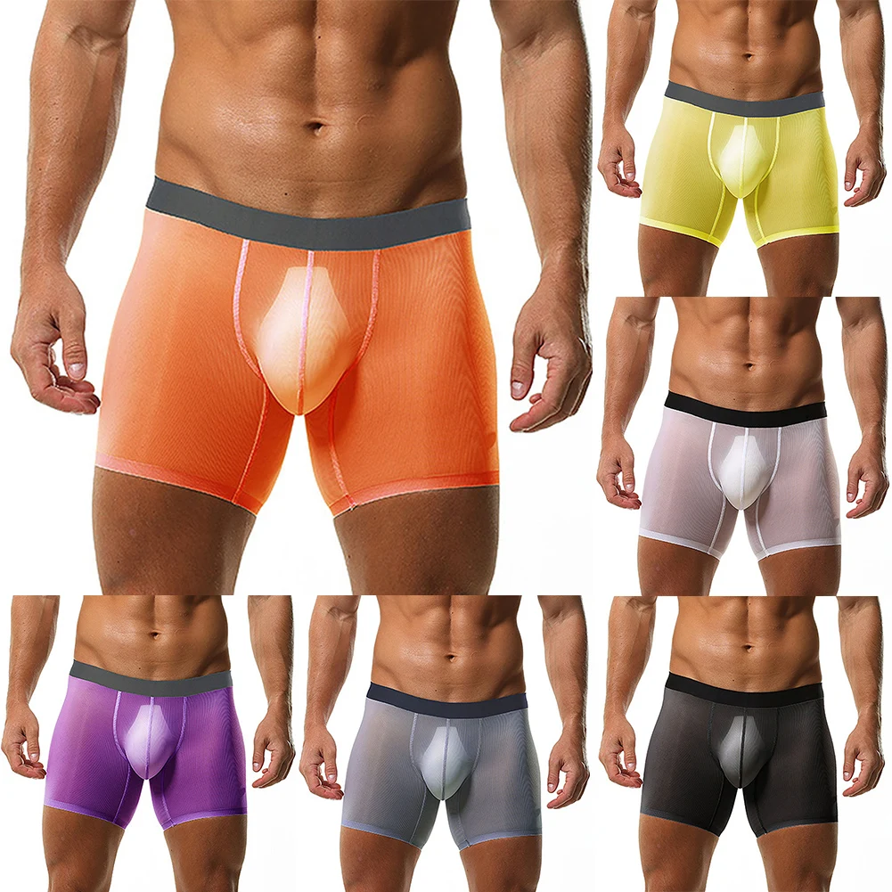 Celana Boxer Pria Celana Dalam Pendek Harian Seksi Polos Celana Dalam Pria Pinggang Sedang Bahan Sutra Es Oranye Abu-abu-biru