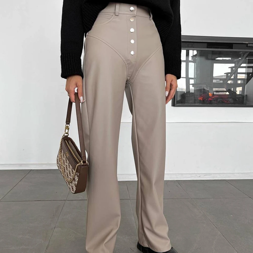 

2024 Autumn And Winter New Fashionable High Waist Leather Splicing Pants Women's Casual Pants Leather Pants