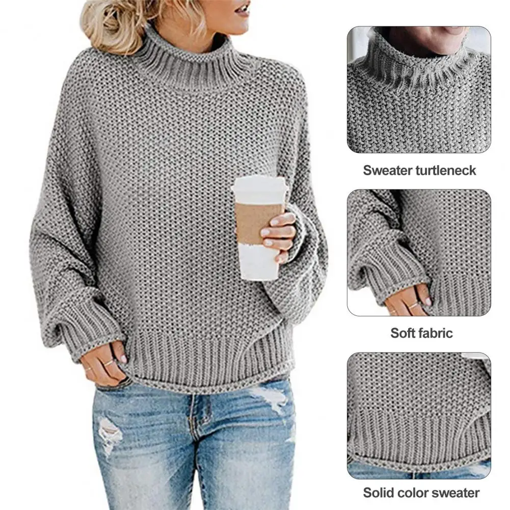 Women Autumn Winter Solid Color Sweater Turtleneck Long Sleeve Ribbed Trim Hemming Pullover Knitting Tops Streetwear