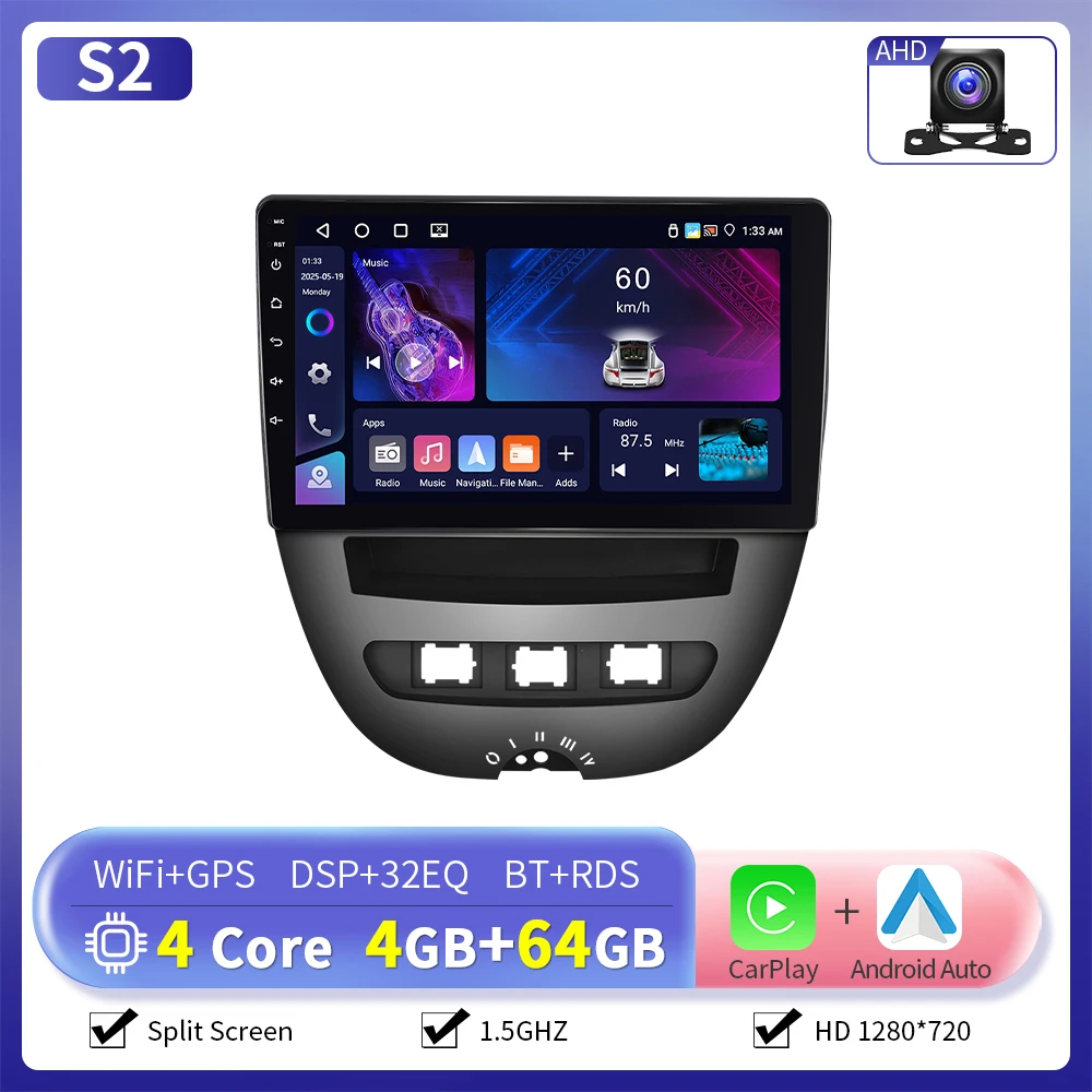 Camecho 6 + 128G CarPlay Android Auto Radio voor Toyota Aygo 2004-2014/PEUGEOT 107/Citroën C1 Multimedia Speler GPS Stereo WIFI