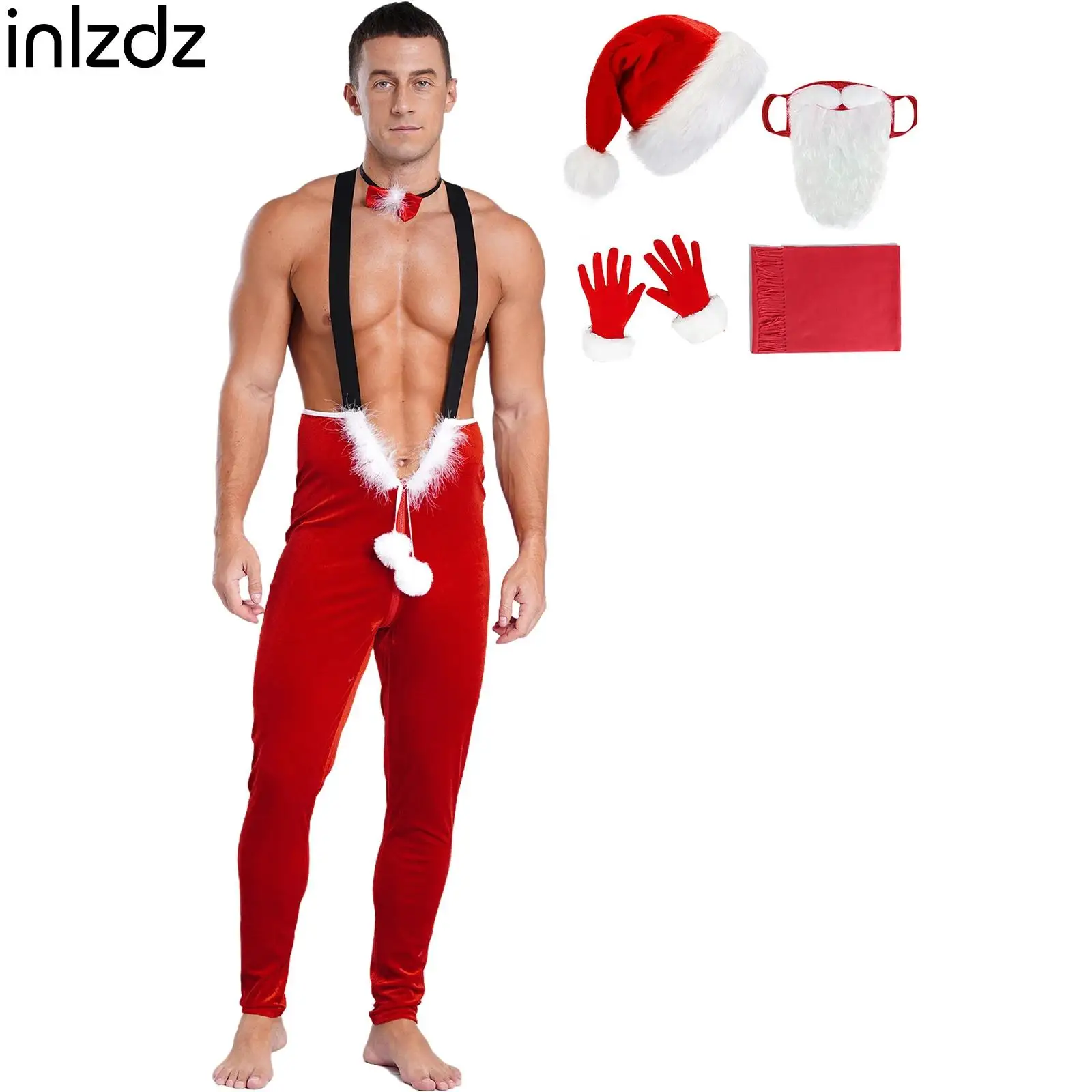 Traje de actuación de Cosplay de Navidad para hombre, traje con tirantes, mono de bola de felpa con lazo, banda para el cuello, sombrero, barba, guantes, bufanda, 5 uds.