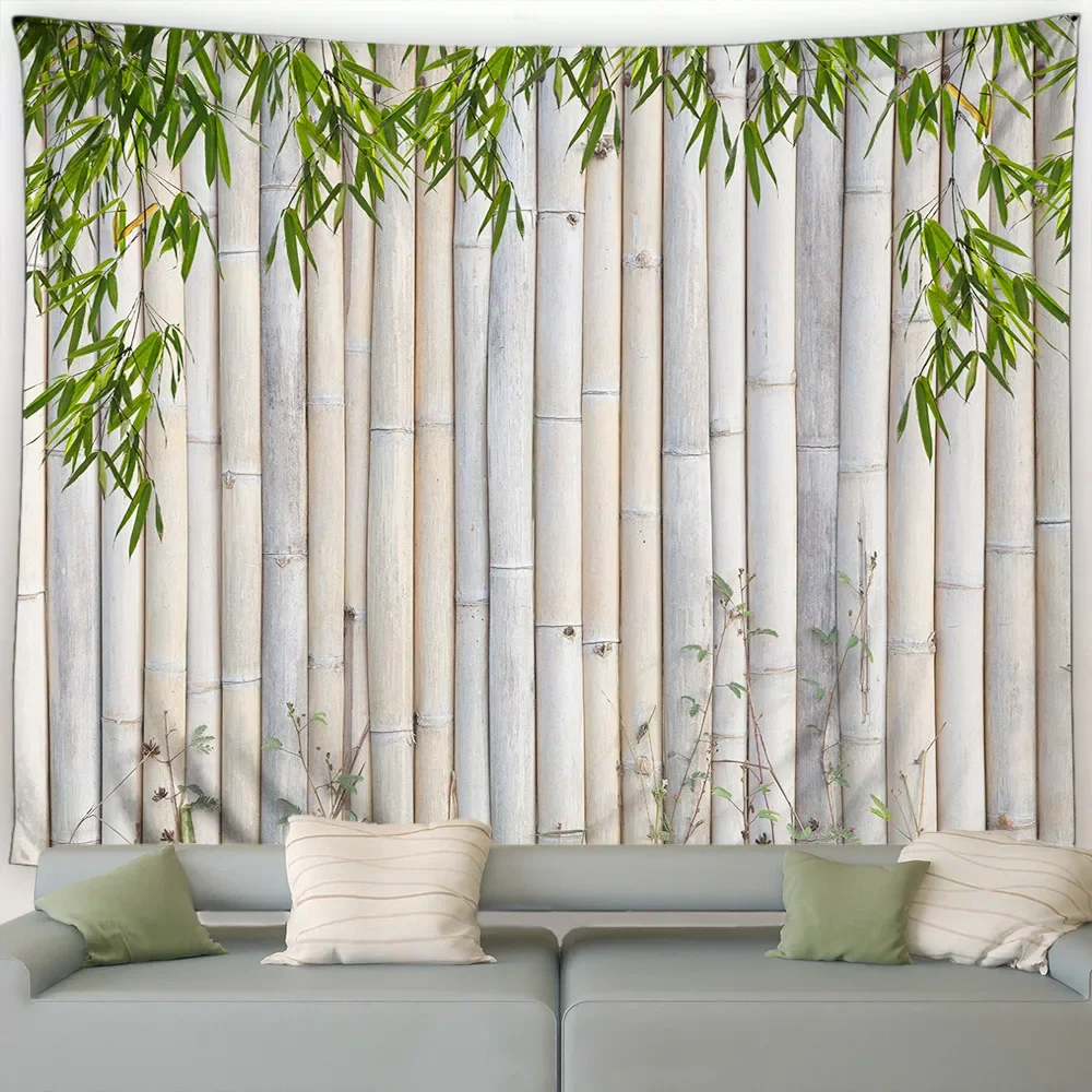 Bamboo Tapestry Stems Leaves Oriental Nature Wood Image Wide Background Fabric Wall Hanging For Bedroom Living Room Dorm Blanket