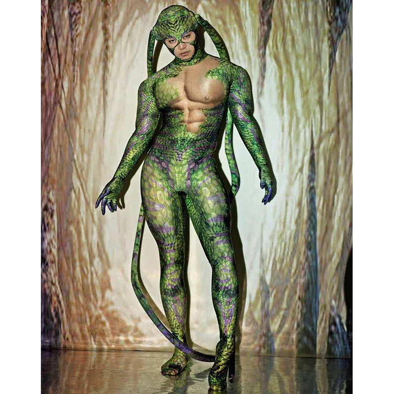 Halloween Rave Party Role-playing Stage Clothes Green bodysuit snake Spandex Stretch Skinny Jumpsuit Men Women Cosplay Costume