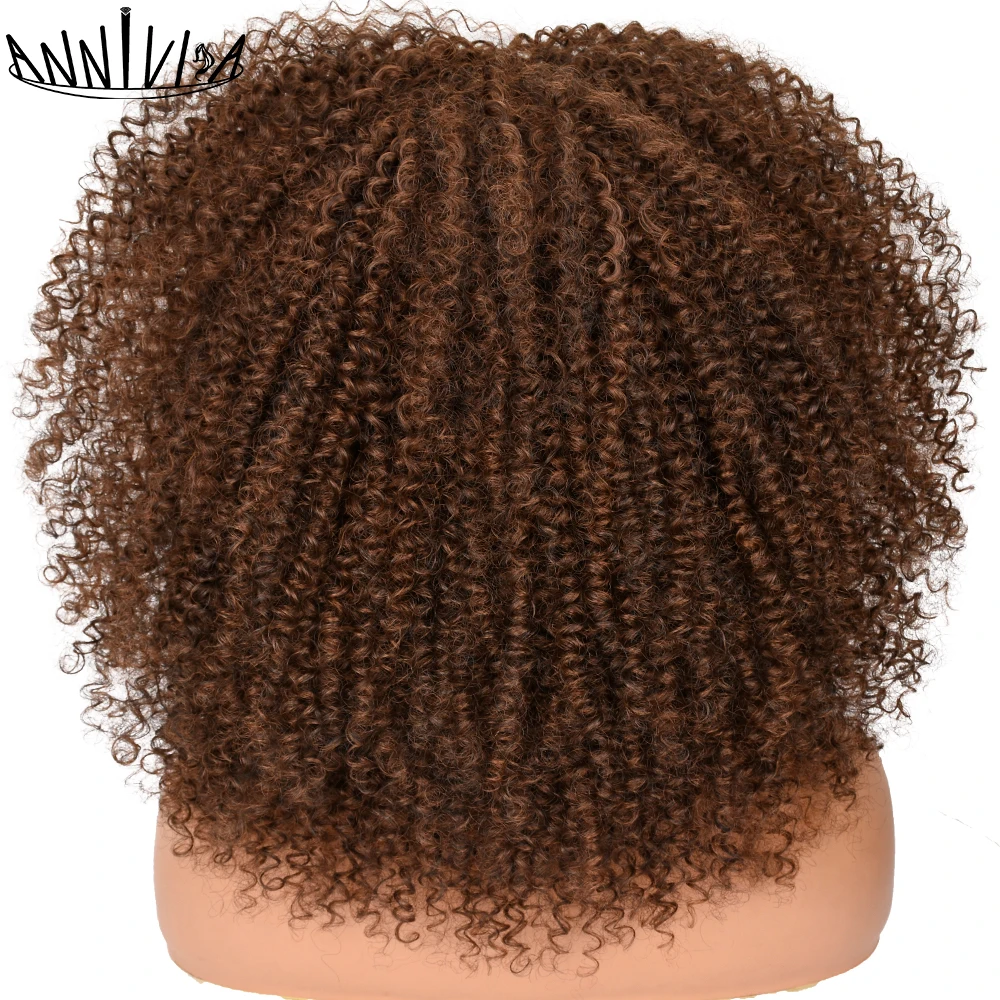 Perucas encaracoladas do afro com Franja para mulheres negras, cabelo perverso curto, fibra sintética, Cosplay, Brown, 16"