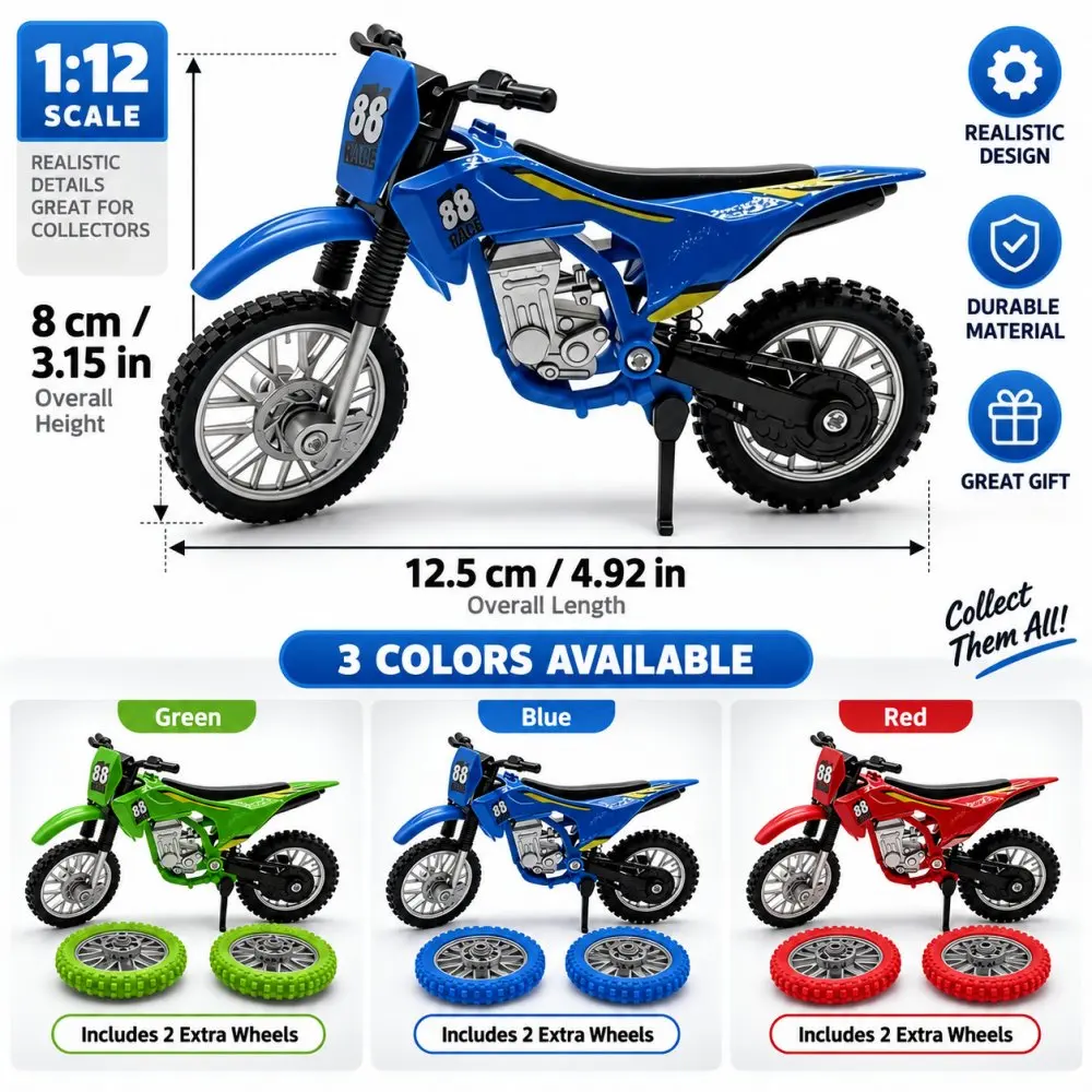 1:12 Scale Off‑Road Motorcycle Model Toy with 2 Extra Replacement Wheels Realistic Dirt Bike Collectible Model