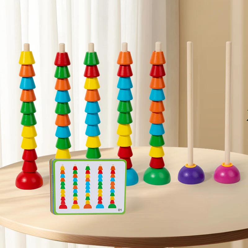 Wooden Abacus Stacking Columns - With Beads Sorting Columns And Cards To Exercise Hand-Eye Coordination And Color Recognition