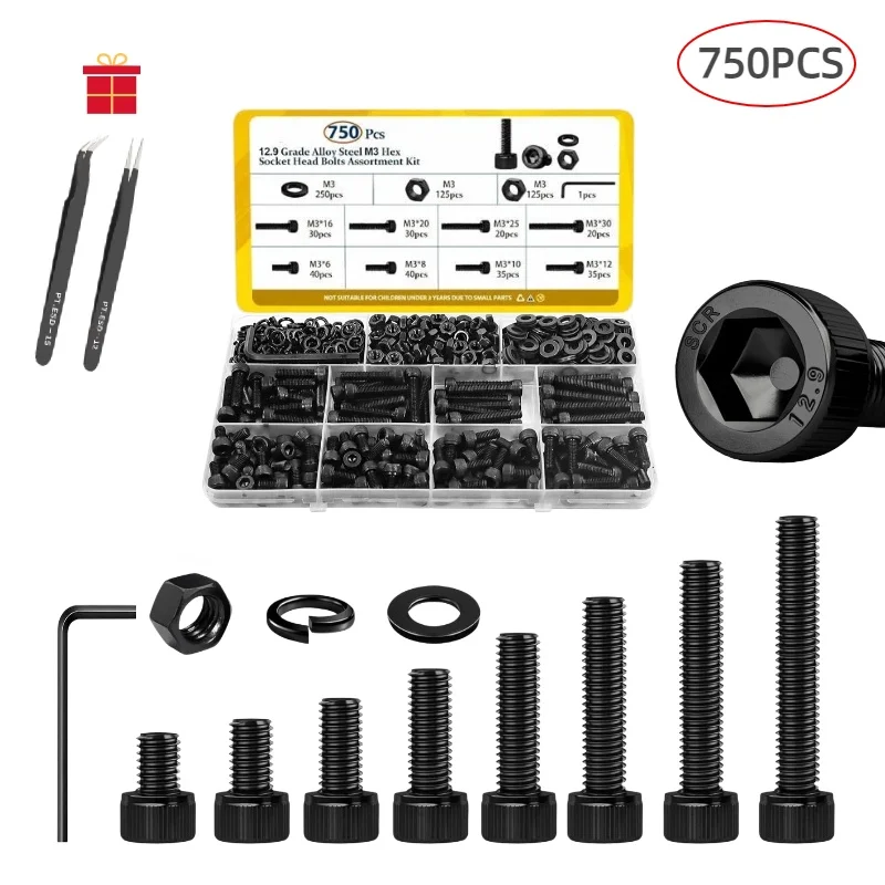 750PCS M3 Grade 12.9 High Strength Hex Socket Cap Head Allen Bolt Nut Washer Kit Black Carbon Steel Machine Screws Assortment