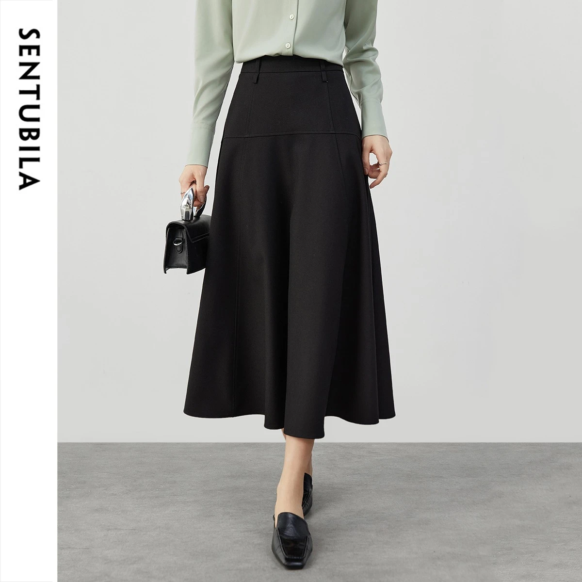 SENTUBILA Women High‑waisted Solid‑color A‑line Midi Fall Skirt Elegant Versatile Office Commute Daily Skirt Outfits 151Q80207X