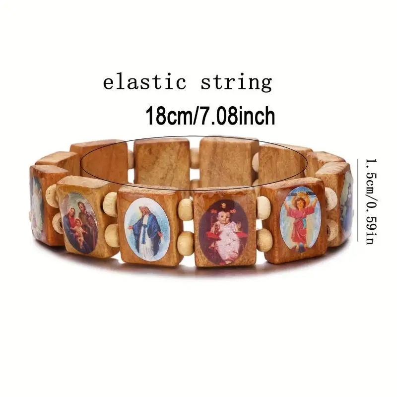 Bracelet chapelet en bois pour la prière spirituelle - Élégants autocollants d'icônes religieuses, finition émail goutte d'huile