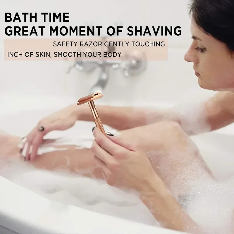 Maquinilla de afeitar clásica de doble filo para hombre y mujer, afeitadora de seguridad de oro rosa, 5 hojas de afeitar, afeitadora Manual para la cara