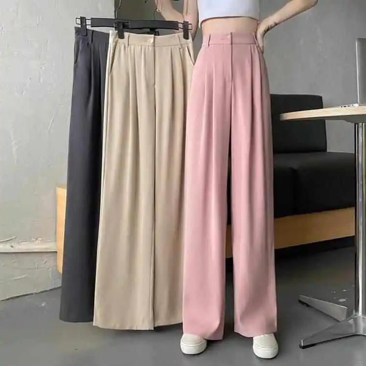 Zomer 2025, losse, casual lange broek voor dames, hoge taille, broek met rechte pijpen, reflecterend splitsdetail, katoenmix