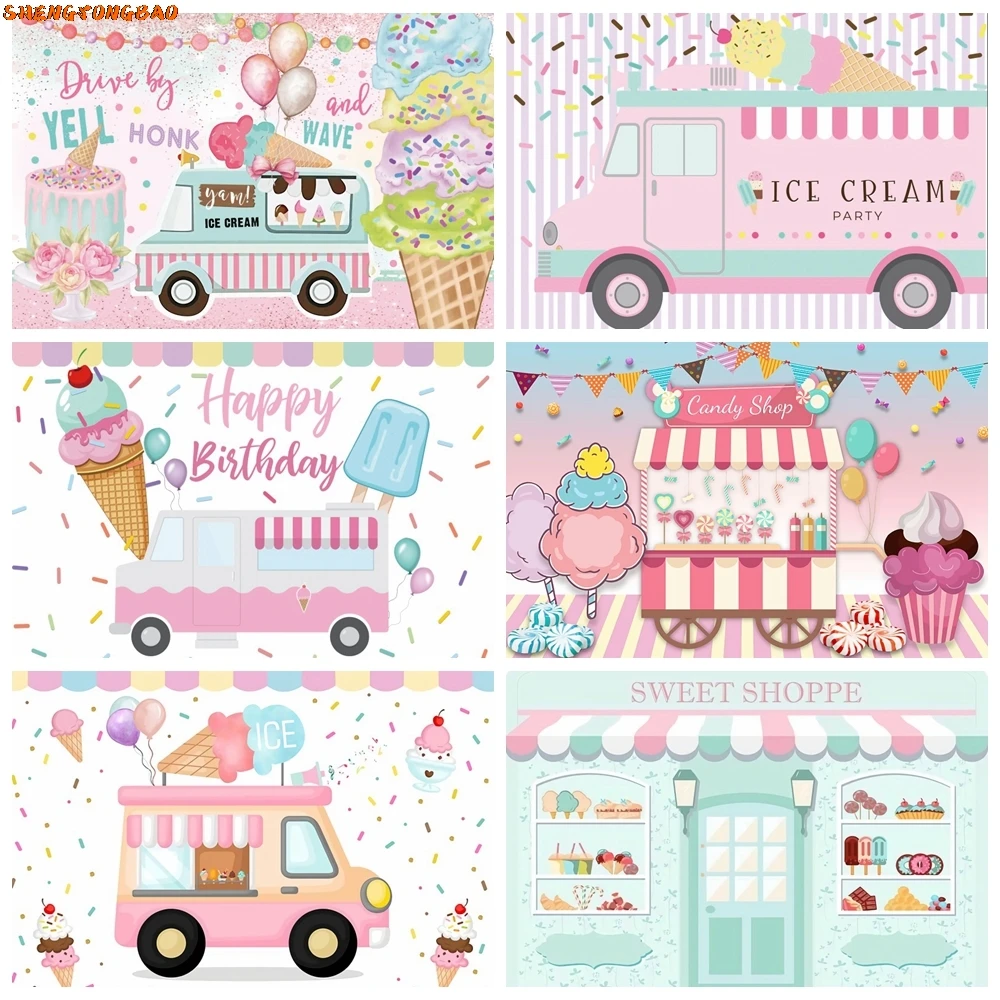 

Ice Cream Party Photography Backdrop Pink Ice Cream Cart Kids Portrait Baby Shower Birthday Party Decoration Photo Background