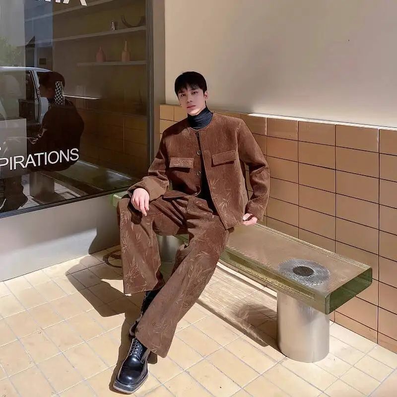 WTHT Fashion 2025 Autumn Men's Suit Print O-neck Single Breasted Coats Chinese Style Side Leg Straight Pants Set Male 2A1922