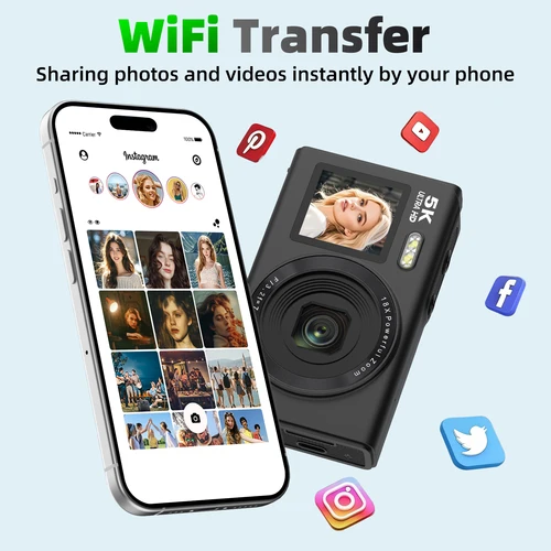 Imagen 2 del producto Cámara Digital con Zoom de 18X, cámara Digital portátil WiFi de doble pantalla CCD con cámara Vlogging 5K con luz de relleno LED, cámara para Selfie