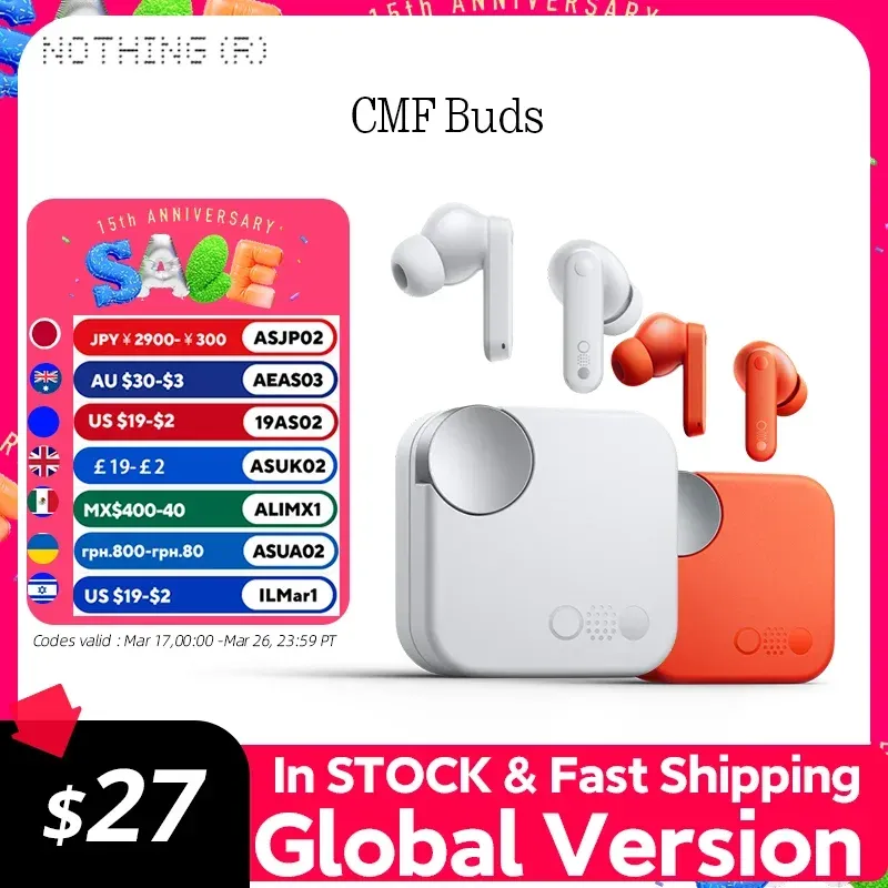Global Verison CMF by Nothing Buds with 42 dB ANC Active Noise Cancellation with Transparency Mode IP54 Bluetooth 5.3