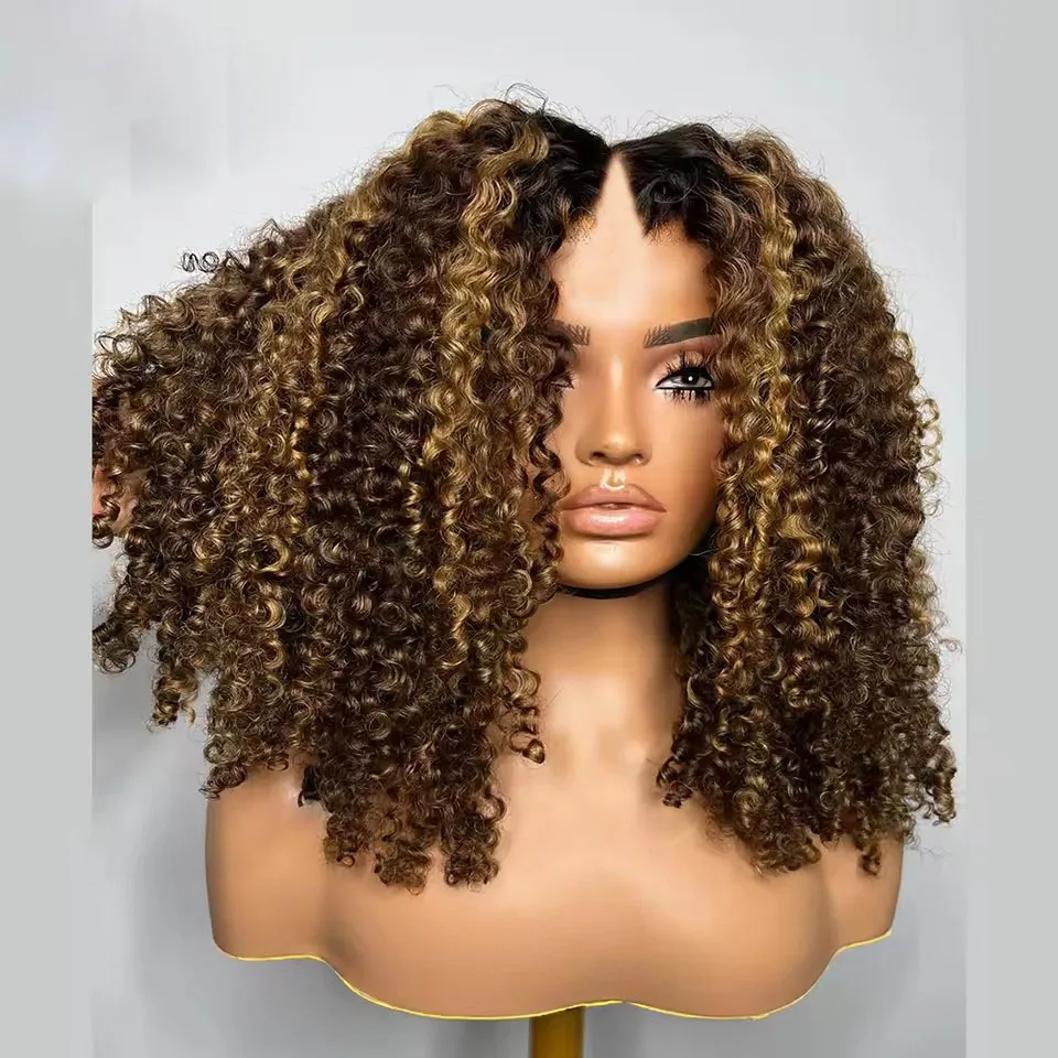 Highlights Blonde Full Afro Women 3C 3A Kinky Curly  Human Hair U Shaped Wigs with Clips Chestnut Brown V Part Wigs 250% Density