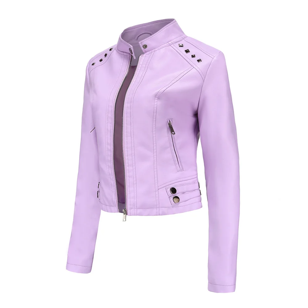 Women's Rivet PU zipper Leather Coat, Black Motorcycle Jacket, Standing Collar, Korean Punk Rock Fashion, Autumn and Winter