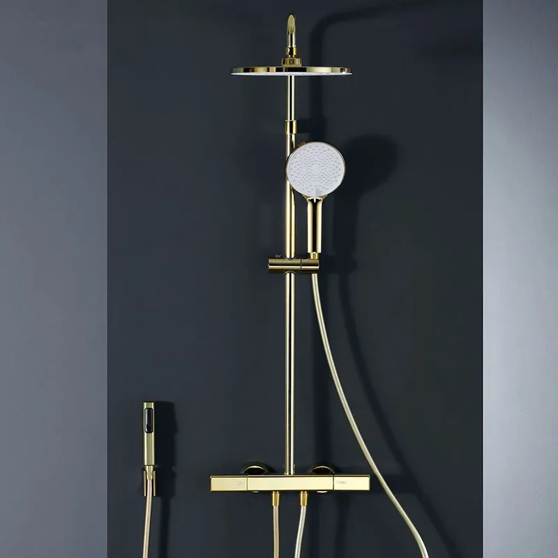 

Thermostatic Bathroom Shower Faucet Set Bathroom Rainfall Shower Mixer Tap Brushed Gold Brass Bath and Shower Faucet Set
