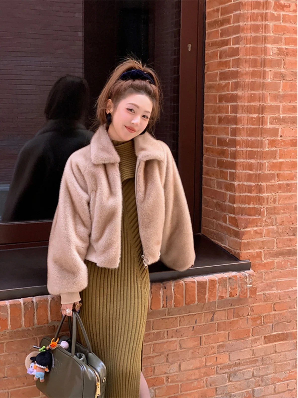 

Zonee Prague Vibe Women's ort Jaet Khaki adient Fur Tips Casual Vintage Feel Eco-friendly Long Sve Zipper Closure