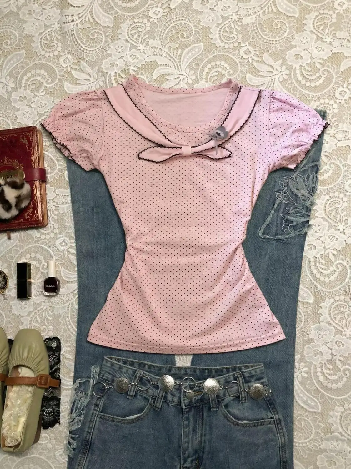 American style pure erotic millennium vintage sweet cool light pastel pink polka dot small bow tie printed round neck T-shirt