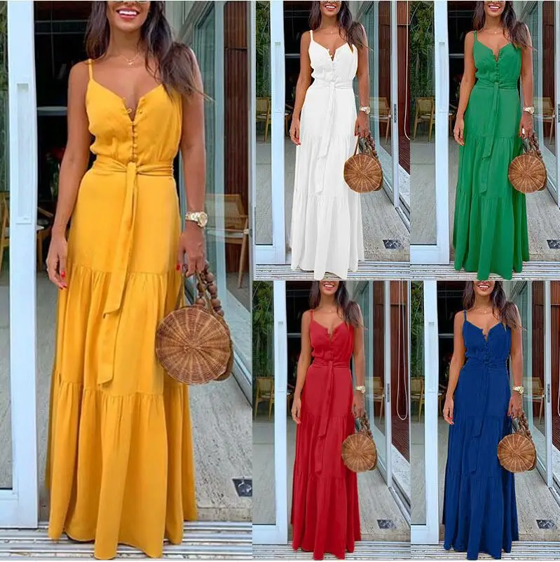 Women Yellow Sling Maxi Dress Sexy V Neck Button Sleeveless Lace Up Ruffles Elegant Green Boho Party Vacation Dresses Vestidos