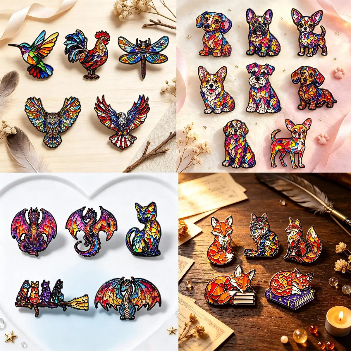 Stained Glass Animal Metal Enamel Pins Set Fox Cat Dog Brooches Badge on Backpack Clothing Accessories Jewelry Gift for Friends