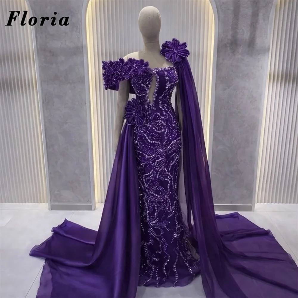 Maßgeschneiderte Lila Einschultrige Abendkleider mit Schlitz und Schleppe Arabische Perlenstickerei Ballkleid Vestidos De Noche Hochzeitsfeier-Kleider
