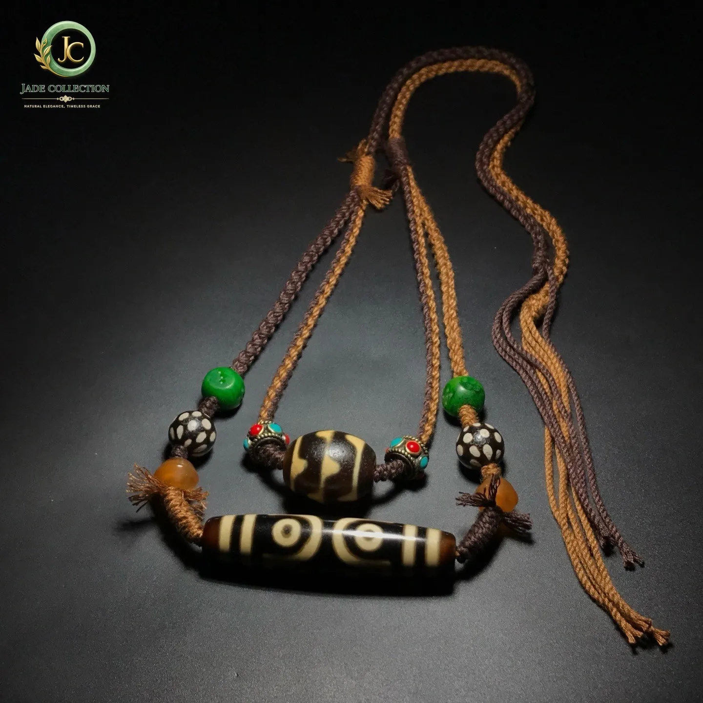 Unique Tibetan Old Agate Dzi 7 Eyes Tiger Teeth Agate Bead Necklace J0602