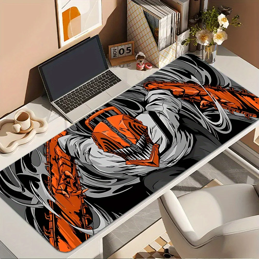 قطعة واحدة من لوحة ماوس الألعاب C-Chainsaws M-Man - قاعدة مطاطية غير قابلة للانزلاق، حصيرة مكتب قابلة للغسل بتصميم برتقالي وأسود نابض بالحياة، أداء #2