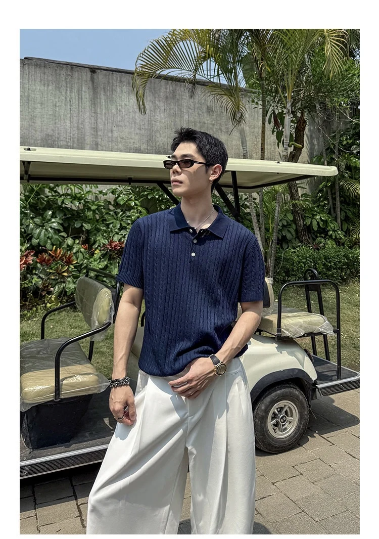 Twist cashmere knitting old money wind polo shirt men's summer short loose striped lapel short sleeve T-shirt