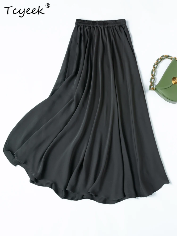 Tcyeek 22Mm 100% Real Silk Skirts Woman Summer Clothes 2026 Elegant Skirts for Women Black Skirt Loose Fit Юбка Женская