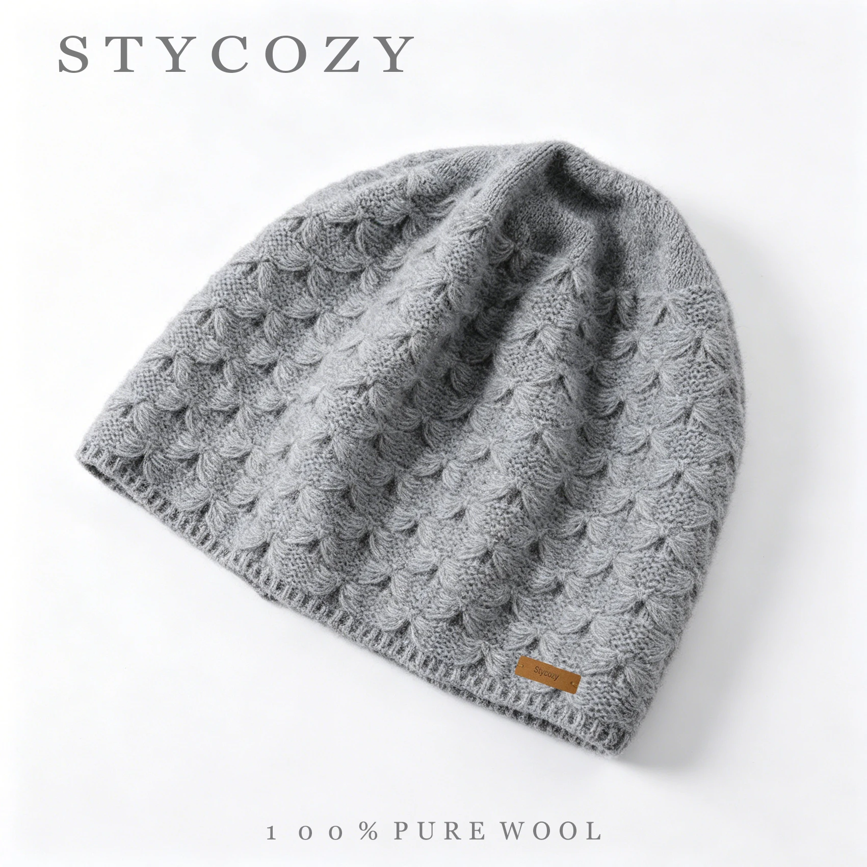 100% Wool Solid Color Hollow Jacquard Knit Hat Warm Ear-Protecting Beanie For Women Autumn&Winter Outdoor Windproof Pull-On Hat