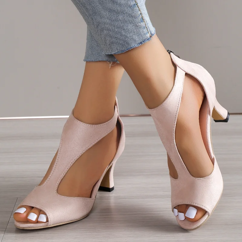 2023 Summer New Brushed Leather Fish Mouth Sandals Women\'s Back Zipper Sexy Solid Color Comfortable High Heel Single Shoes Women