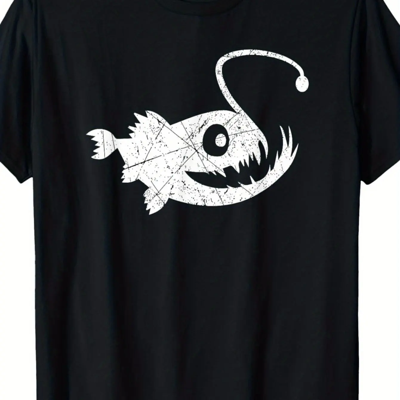Men's Vintage Angler Fish Cotton T-Shirt, Distressed Deep Sea Creature Graphic Tee, Black Short Sleeve Top