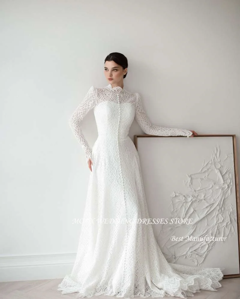 

MODX Скромные кружевные свадебные платья трапециевидной формы с длинными рукавами и высоким воротником на пуговицах со шлейфом Дубай Арабские женские свадебные платья Vestidos