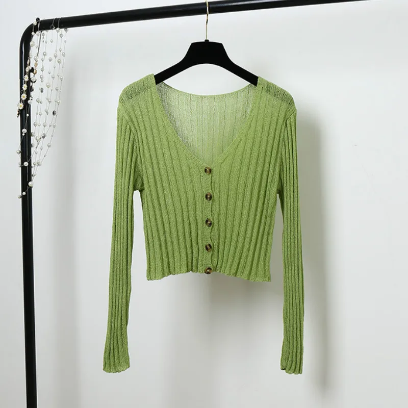 Sweaters Spring Fall V-Neck Coat Knitted Striped Cardigan Women OL Thin High Waist Single-breasted Long Sleeved Autumn Thin Tops