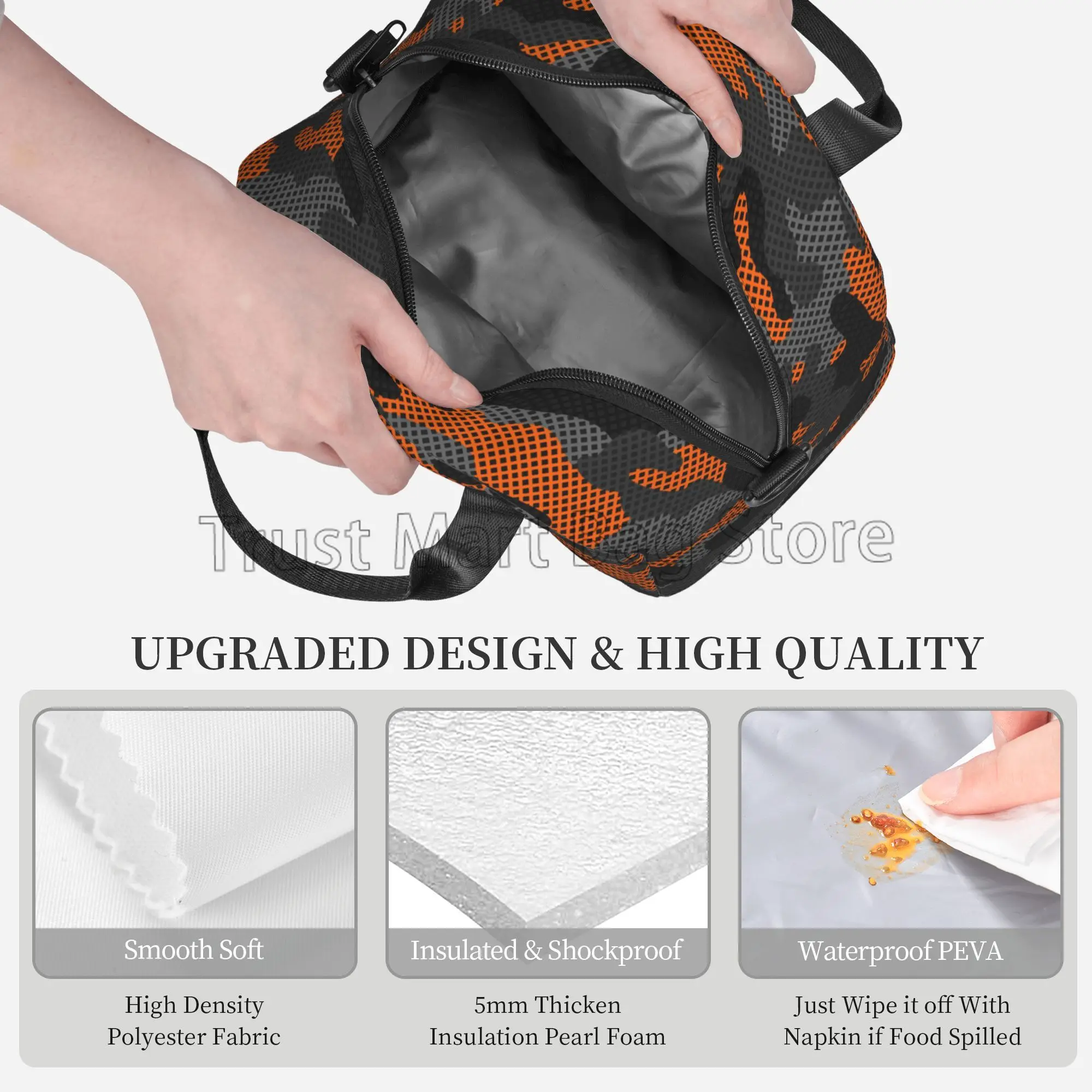 Black and Orange Camouflage Insulated Lunch Bag Reusable Thermal Oxford Bento Totes with Adjustable Strap for Work Travel Picnic