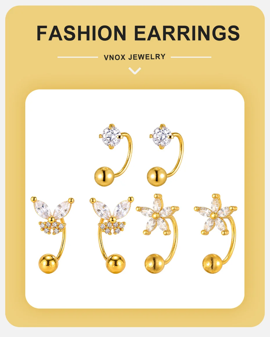 Vnox Vergoldete Elegante Schmetterlings-Stern-Zirkonia-Schraubkugel-C-förmige Ohrringe für Damen, Trendige Ohrringe, Alltagsschmuck, Party-Schmuck, Geschenk – Detail 1