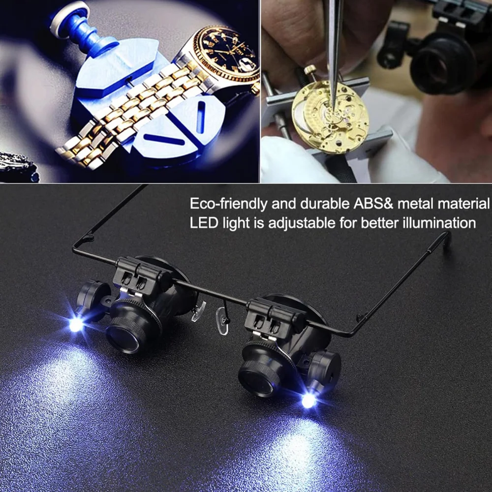 20X Head-mount Magnifier Glasses Double Headed LED Light Jewelry Appraisal Antique High-power Magnifying Glass