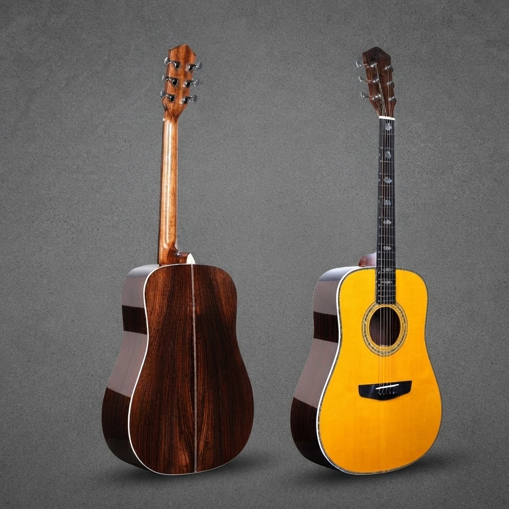 All-Solid Dreadnought Guitar, Acoustic Style, Dark Fingerboard, Abalone Shell Inlay, Vintage Yellow for Stage and Daily Practice