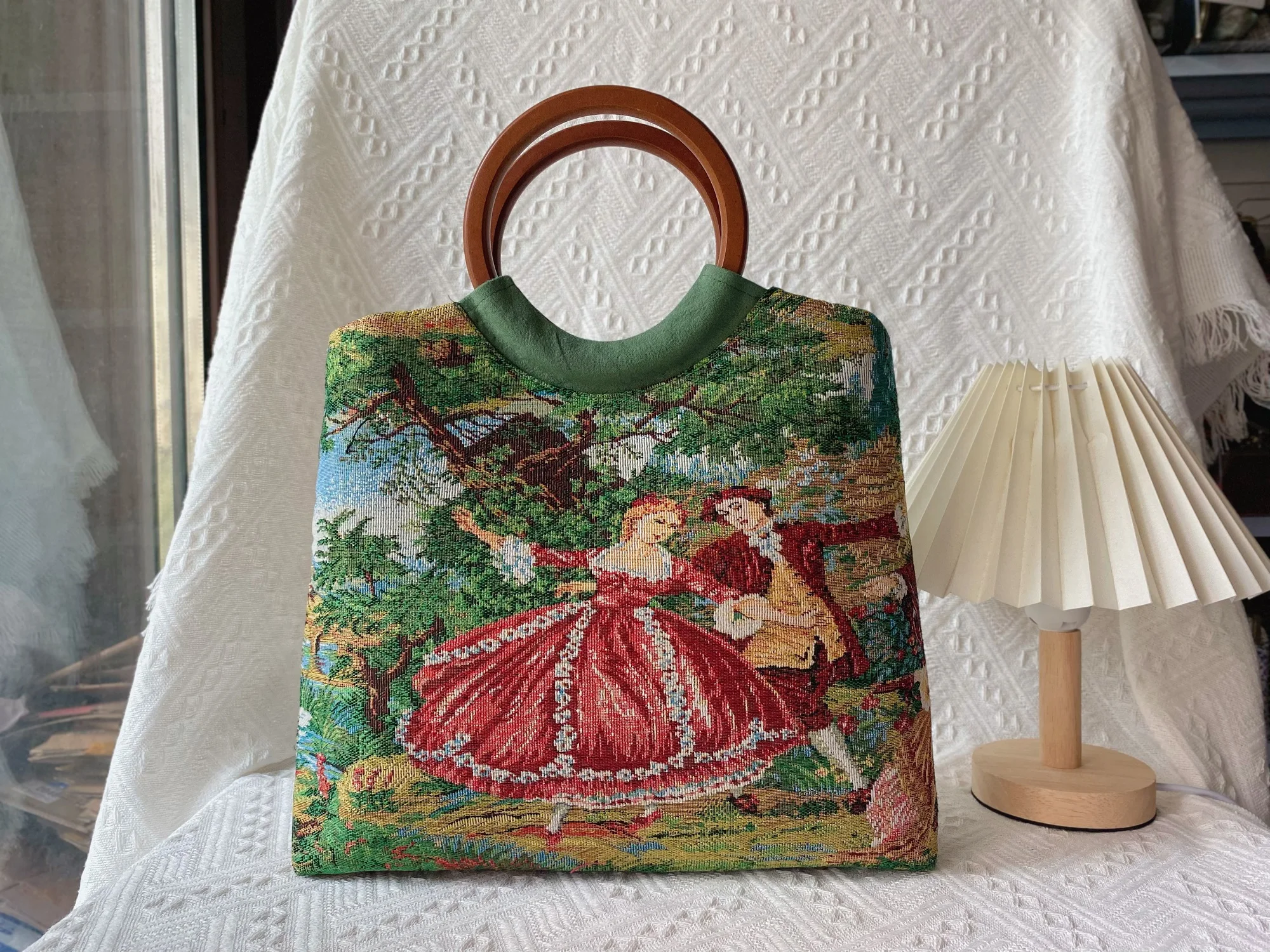 Lost in Vintage 1950s Tapestry Figural Purse Aubusson Clutch Figural Bamboo Handle Bag Vibrant Scenic and Romantic Figures Lamb