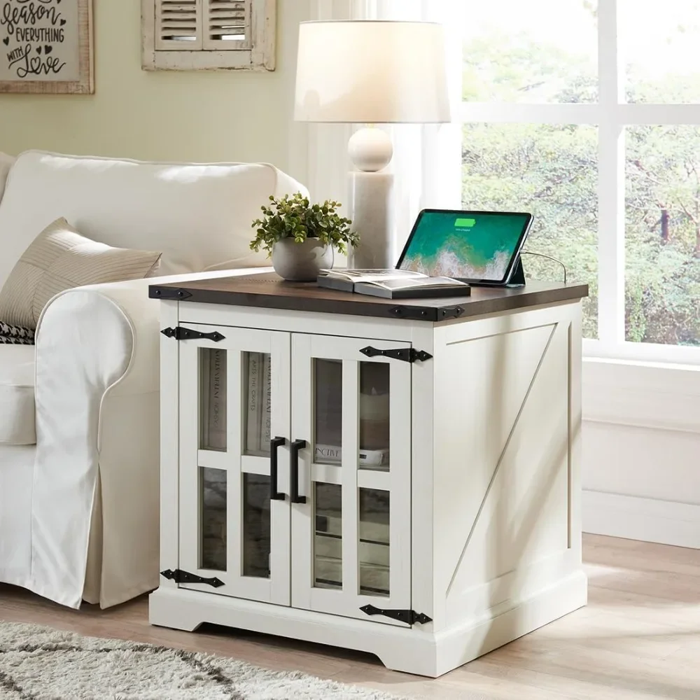 

Farmhouse End Table with Charging Station,24" Large Sofa Side Table with Glass Barn Door, Rustic Wood Nightstand Bedside Table w