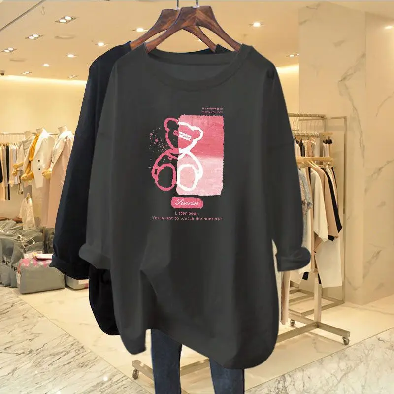 Women's Black Loose Cotton Texture T-shirt, Long Sleeve, Mid Length Version, O-Collar, All-Match, Casual Lady Top